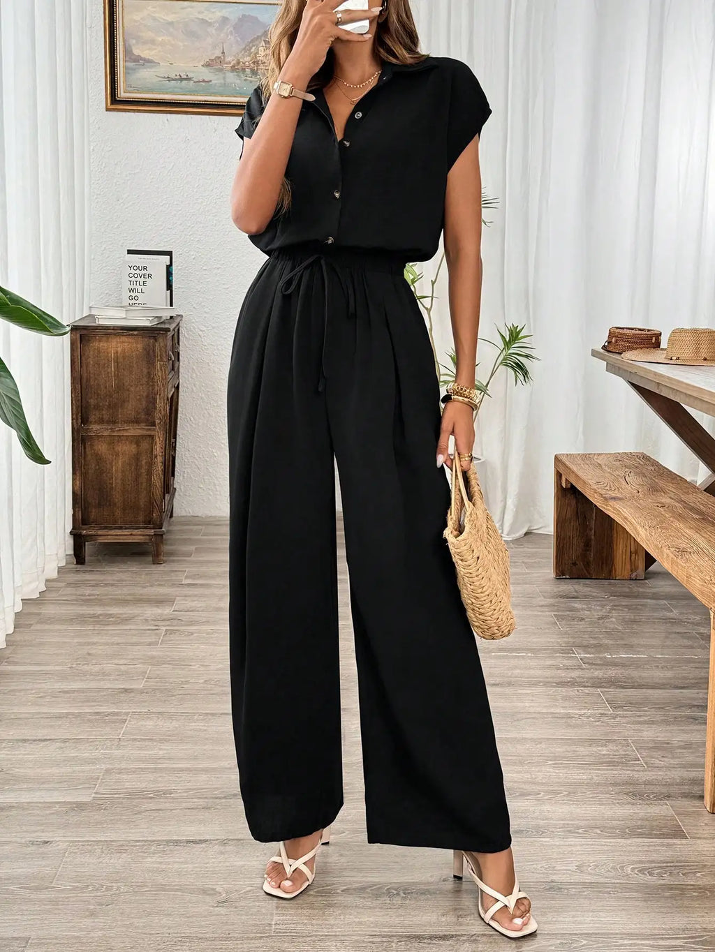 Damen Frühling Sommer Herbst Einfarbiger Basic Weitbein-Jumpsuit
