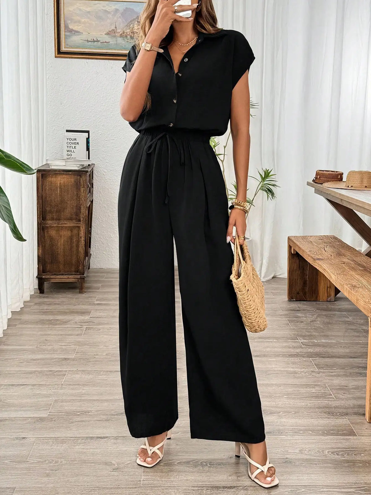 Damen Frühling Sommer Herbst Einfarbiger Basic Weitbein-Jumpsuit