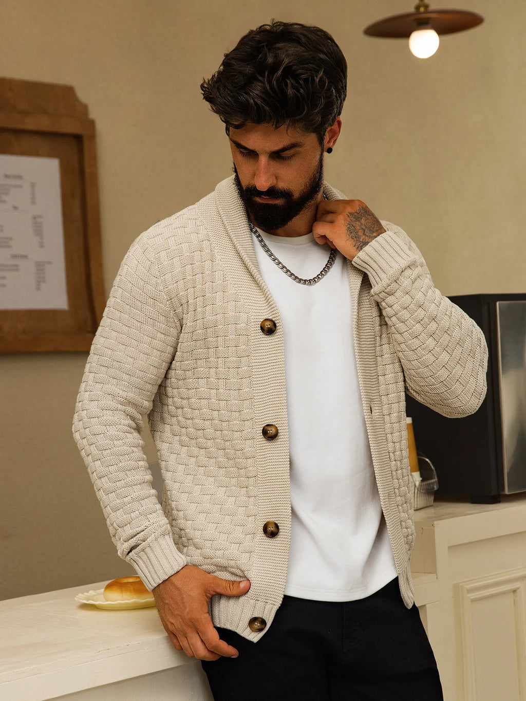 Herren-Strickjacke für Herbst und Winter, warm gestrickt, vorne offen, langärmelig, V-Ausschnitt, Pullover in einfarbiger Farbe für Herren