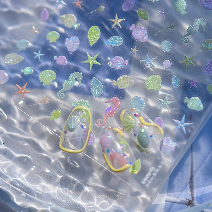 5D Sommer Muschel Nagel Aufkleber Glänzende Geprägte Seestern Nägel Aufkleber Sommer Strand Weinglas Quallen Nagel Aufkleber Dekoration