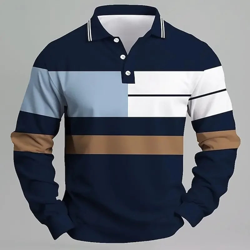 Herren Langarm-Poloshirt für Frühling und Herbst mit Kontrastfarben, Lässiger Schnitt, Sommer-Mode, Business-Stil
