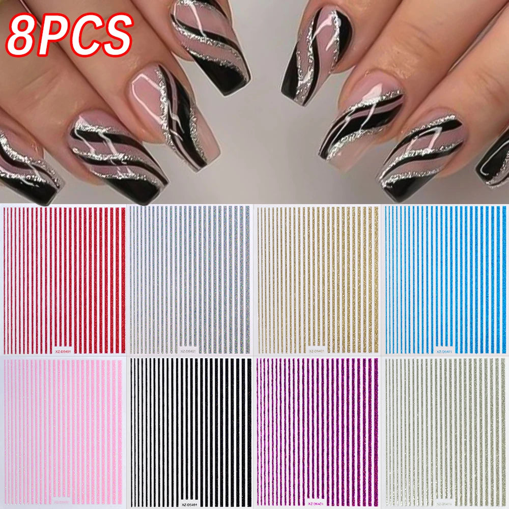 1/8 Stück 3D Glitter Line Stripe Nagelaufkleber Glänzendes Gold Silber Streifen Geometrie Selbstklebender Slider Glitzer French Line Nagelaufkleber