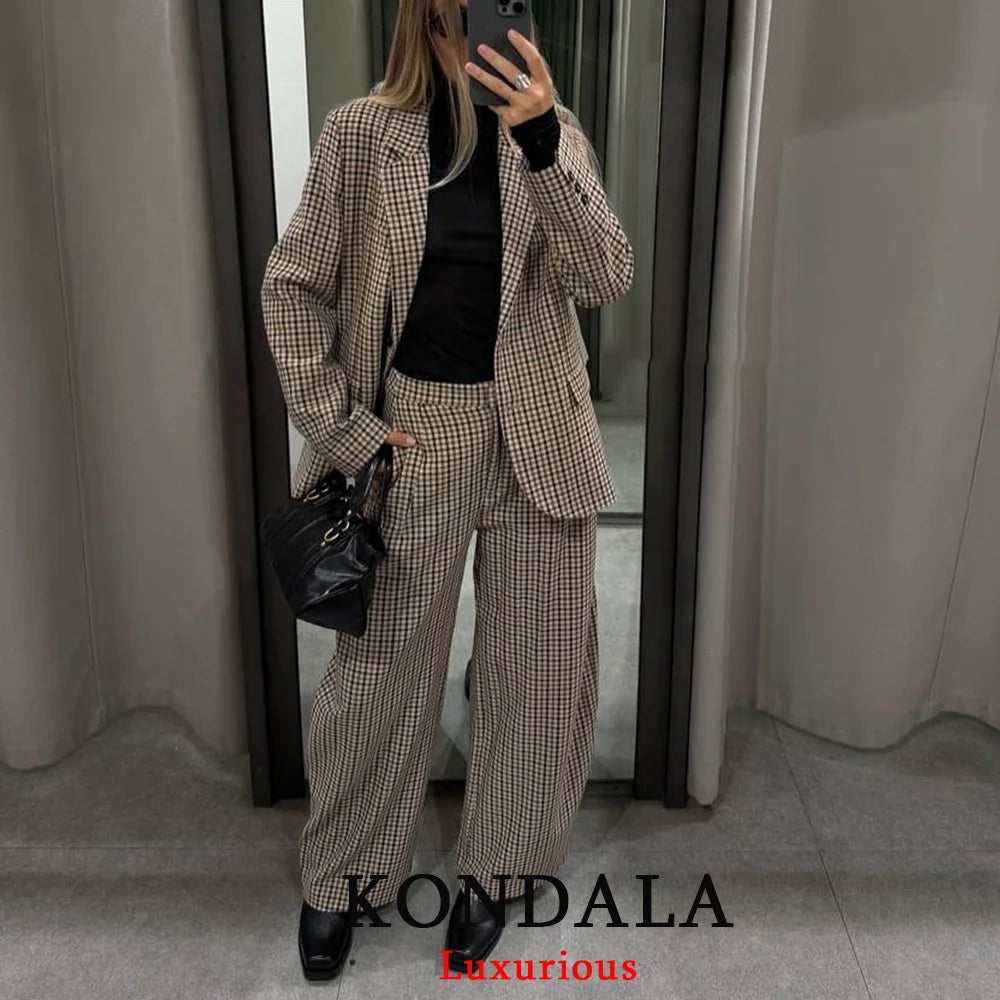 KONDALA Casual Chic Büro Dame Frauen Anzug Plaid Taste Langarm Blazer Lange Gerade Hosen Mode 2025, Herbst Bussiness Set