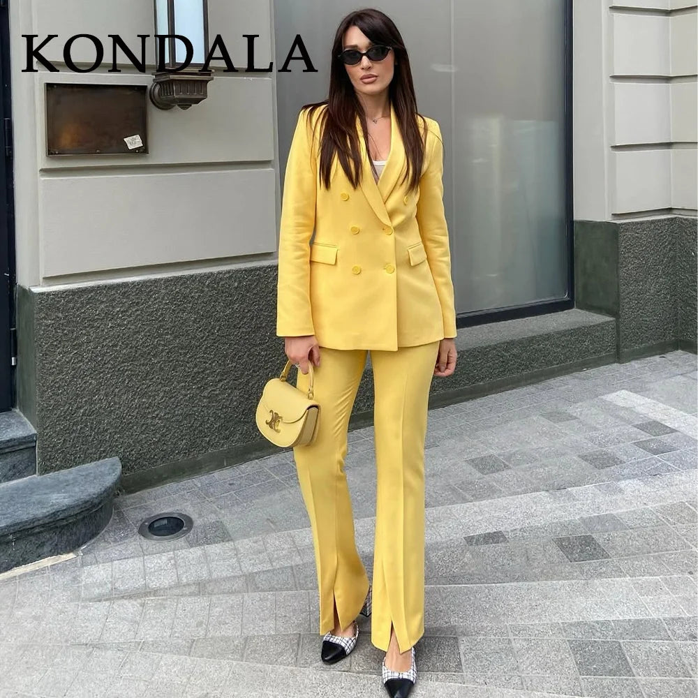 KONDALA 2025 Herbst Winter Butter Gelb Büro Dame Anzüge Mode Zweireiher Shrug Turndown Kragen Blazer Chic Feste Hosen