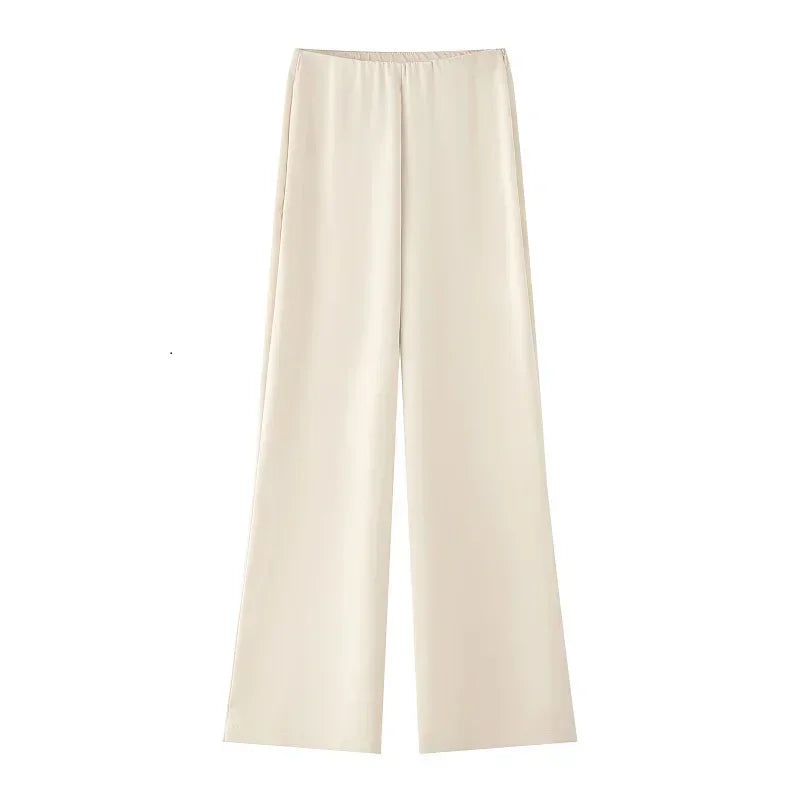 MUJER 2025 Hosen-Set, 2-teilig, Damen-Hosen-Set aus schwarzem Satin, schulterfreie Oberteile, hohe Taille, Hosen, 2-teiliges Set, Damen-Outfit