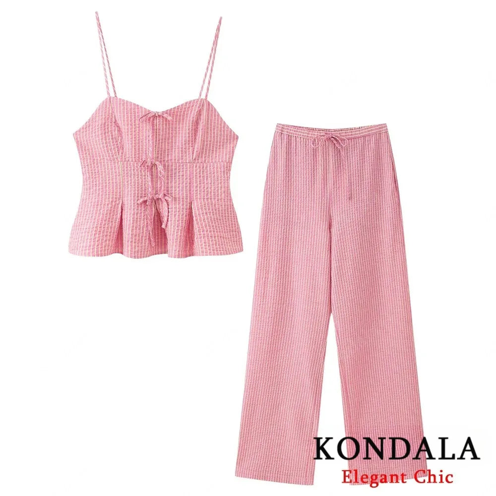 KONDALA Süßes rosa gestreiftes Neckholder-Set für Damen, schmales Hosenträger-Top oder Kordelzug-Hose, 2025, Sommermode, Urlaub, Damen-Hosen-Set