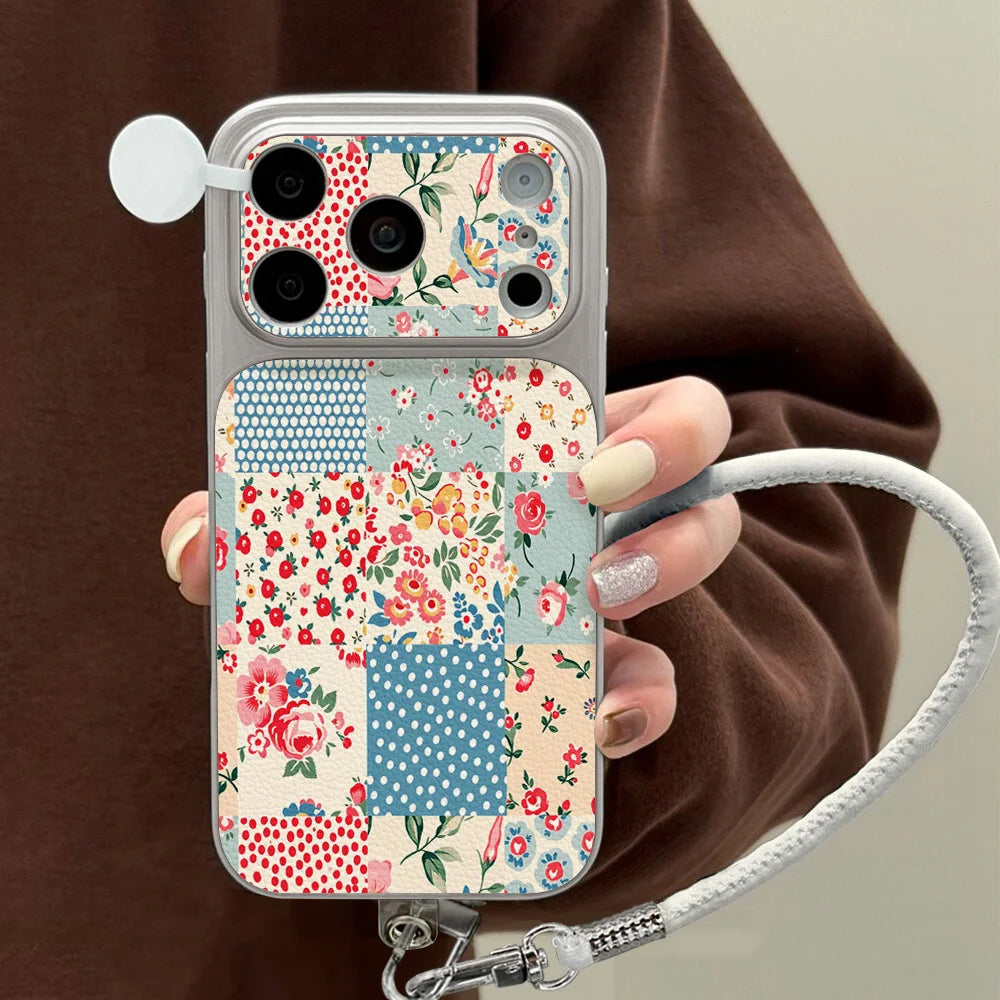 Blumen-Großfenster-Handyhülle für iPhone 17 Pro Max 15 14 11 13 16 12 mit Lanyard, stoßfeste Leder-Schutzhülle