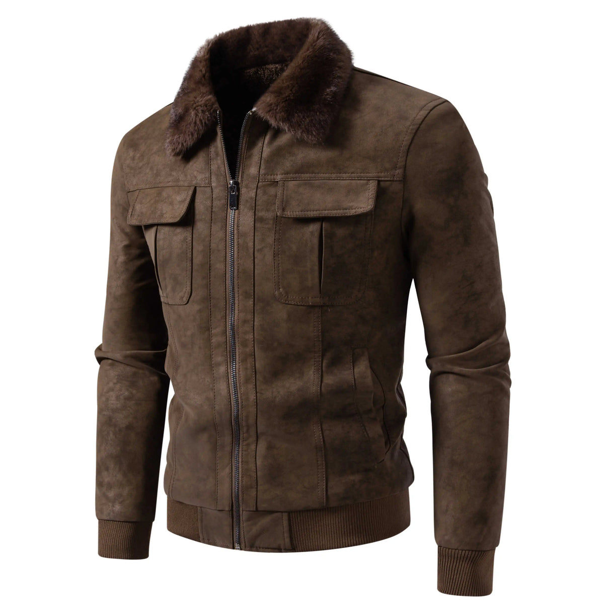 Herren-Jacke mit dickem Kunstfellkragen, warmes Plüschfutter, stilvolle Oberbekleidung, lässiger Pendler-Mantel für Herbst und Winter