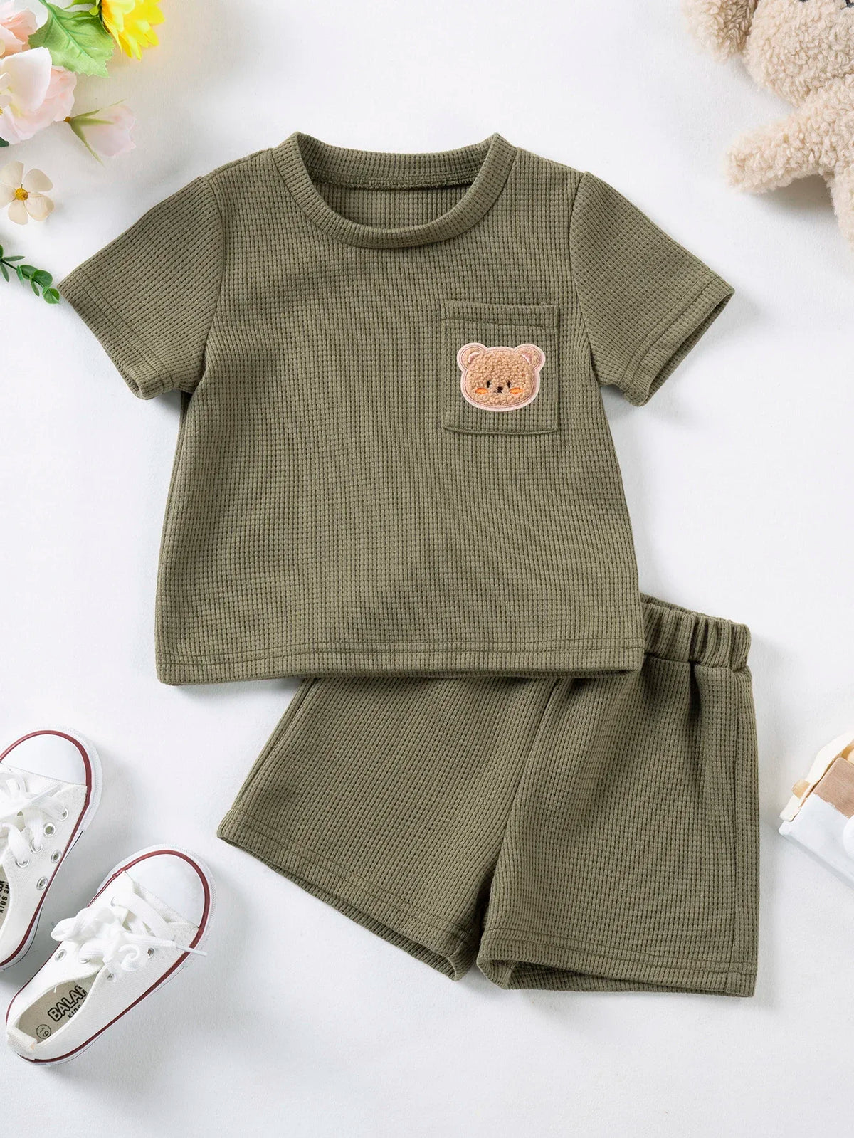 Kinder Anzug Sommer Jungen Mädchen feste Farbe Anzug 0-6y niedlichen Bären Kurzarm + atmungsaktive Shorts 2 stücke bequem und haut freundlich