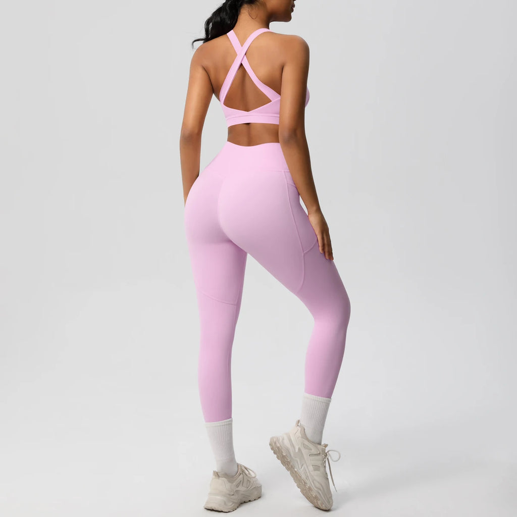 2-teiliges Sportbekleidungs-Yoga-Set, Fitnessstudio, Sport-BH, Leggings mit Taschenkleidung, Sportbekleidung, Yoga-Anzüge für Damen, Fitness-Set, Trainingsanzug