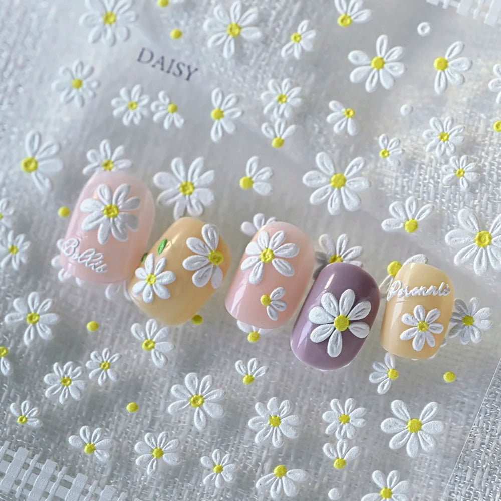 5D süße weiße Gänseblümchen Nagelaufkleber Kawaii Blume grünes Blatt Gänseblümchen japanische Nail Art Dekorationen Abziehbilder DIY Maniküre Zubehör # 9