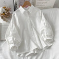 2024 Puff ärmel Hemden Frauen weiß umdrehen Kragen adrette Sinn für Design schicke weibliche Tops koreanische Mode einfache Sommer bluse