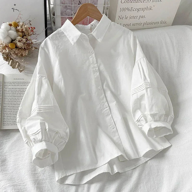 2024 Puff ärmel Hemden Frauen weiß umdrehen Kragen adrette Sinn für Design schicke weibliche Tops koreanische Mode einfache Sommer bluse