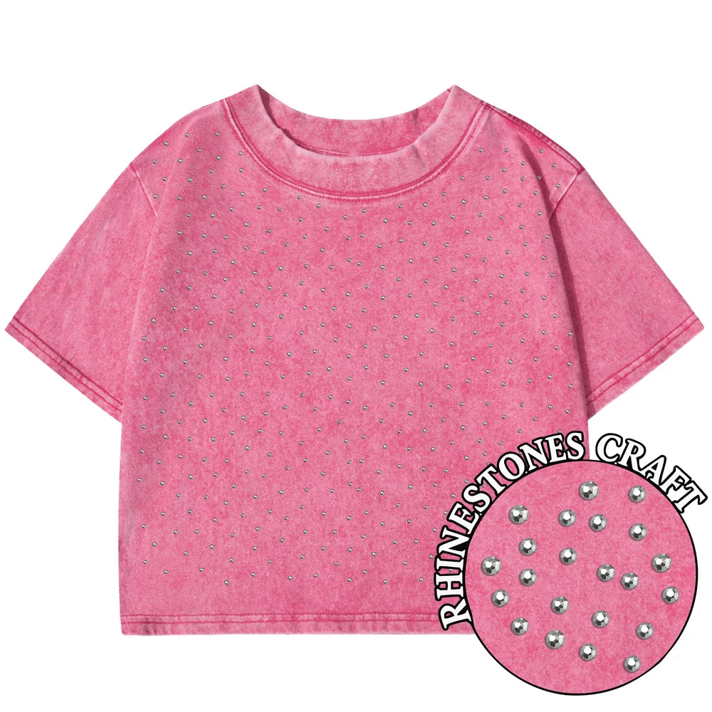 Einfarbiges Slim-Fit T-Shirt für Damen, Modisches Weiches Baumwoll-Shirt mit Strass-Verzierung, Kurzarm, Coole Kleidung für Frauen