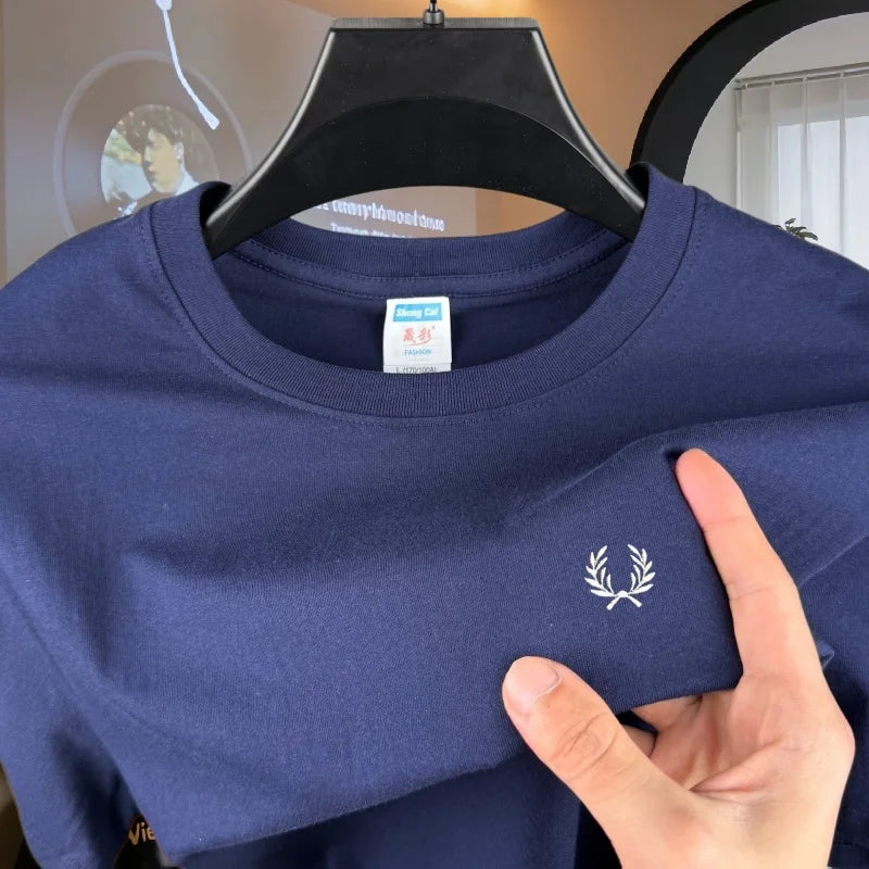 100% reine Baumwolle, hochwertiges Marken-Herren-T-Shirt mit Rundhalsausschnitt und kurzen Ärmeln, Sommermode, luxuriöses Weizen-Stickerei-Design, lässiges T-Shirt