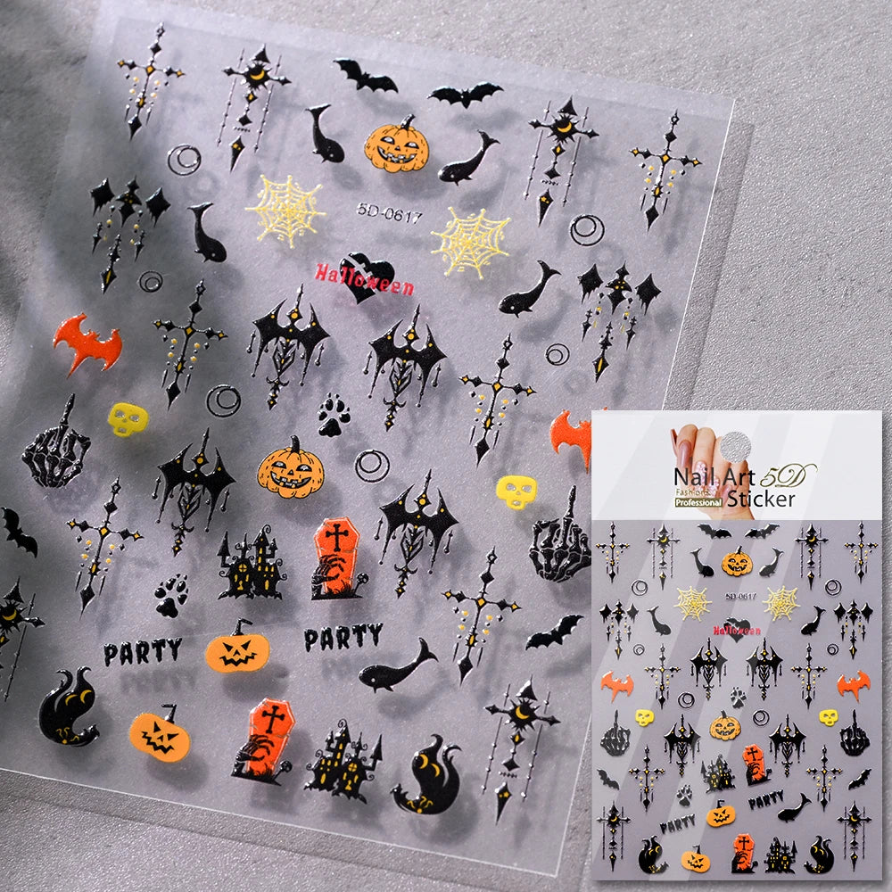 5D Halloween Geist Fledermaus Kürbis Nagel Aufkleber Glänzende Spinne Skelett Vintage Kreuz Nagel Aufkleber Halloween Gruselige Nagel Slider Decora