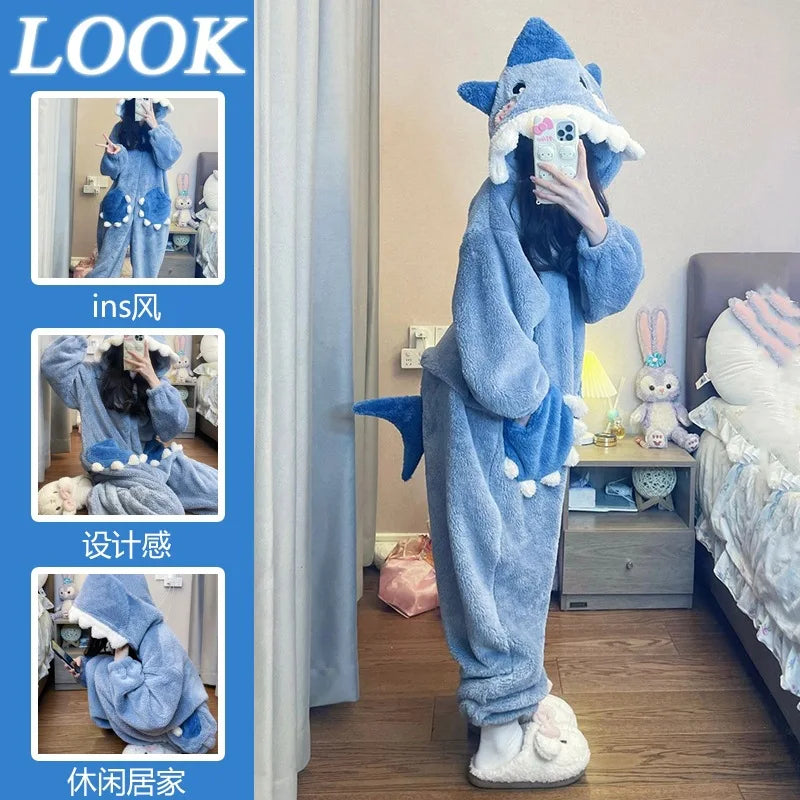 Cartoon niedlichen Hai Frauen Kapuze Nachtwäsche Kigurumi Einhorn Winter Cosplay Pyjama Overall weibliche Weihnachts feier Lounge wear