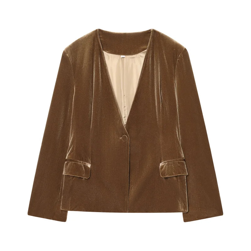 ETJ Damen-Frühlingskollektion. Stilvolle Pendler-Anzugjacke aus Samt mit V-Ausschnitt und passende lockere Anzughose