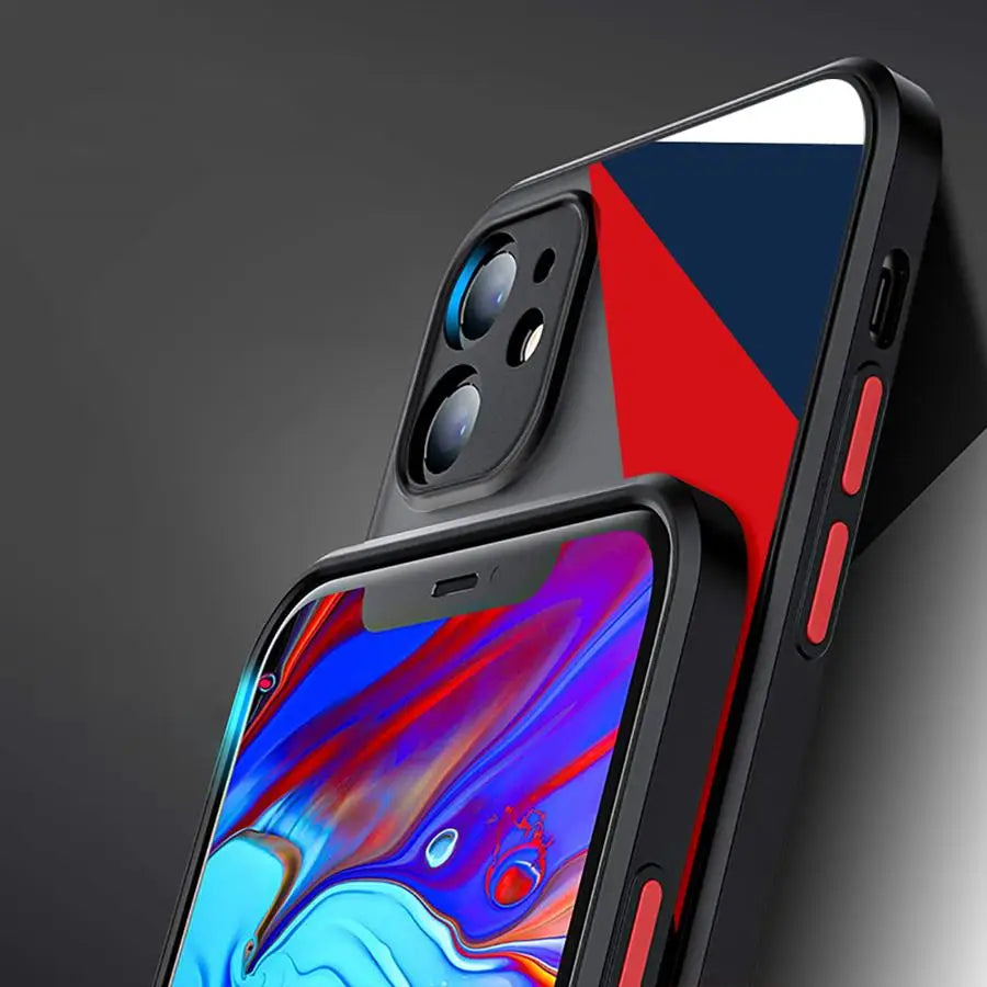 Blaue rote Logo-Hülle für Apple iPhone 15 16e XS 11 12 Mini XR 16 Pro 13 Pro 14 11 Pro Max Black Edge