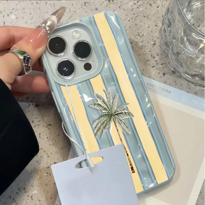 Niedliche gestreifte Palmen-Handyhülle für iPhone 11 12 13 14 Pro 15 16 Plus 17 Pro Max 17 Air 16E – Sommer-Strand-Soft-Schutzhülle stoßfest