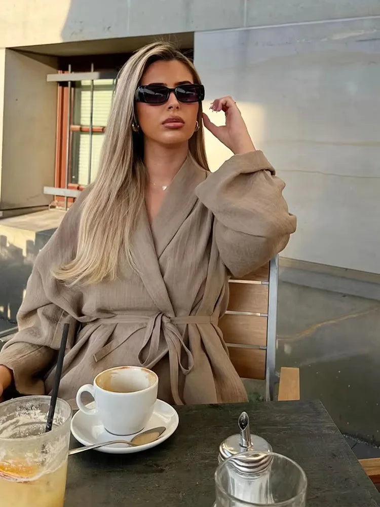Frauen Khaki Hosen Set Langarm Kordelzug Strickjacke + Feste Elastische Taille Baggy Hosen Casual Lose Urlaub Stil Roupas