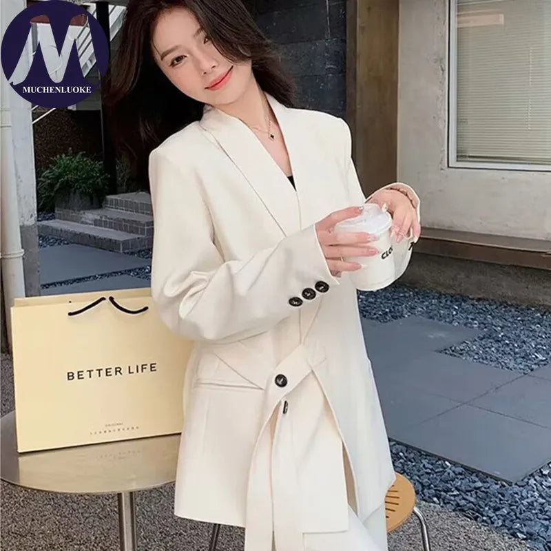 Damen Koreanische Mode Langarm-Blazer und Weite Hosen Zweiteiler Set Büro Casual Locker Sitzende Frühling Herbst Anzüge
