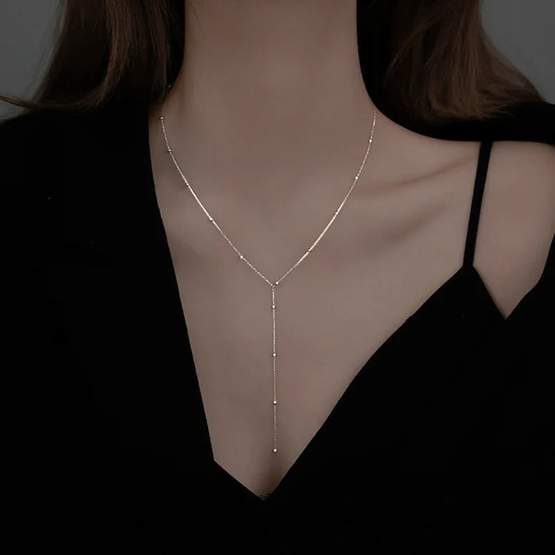 Mode Silber Farbe Lange Quaste Pull Perle Anhänger Halsketten für Frauen Einfache Einstellbare Schlüsselbein Kette Choker Schmuck Geschenk