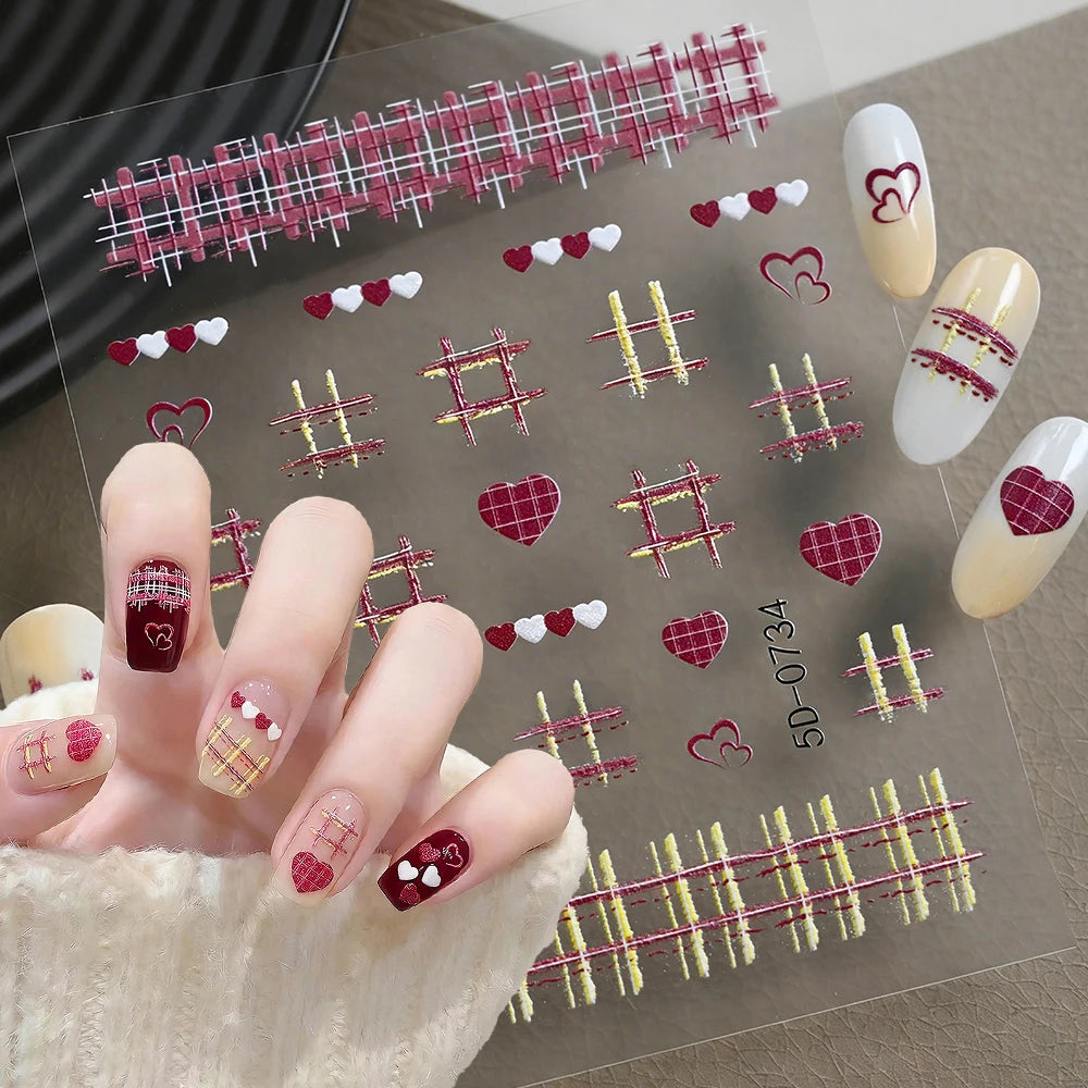1 Stück 5D Süße Herz-Karo-Präge-Nagelkunst-Sticker, karierte Liebesherzen im koreanischen Stil, französische Nagel-Abziehbilder, Maniküre-Dekorationen