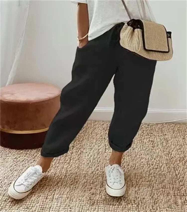 Einfarbig Kordelzug Elastische Taille Frauen Hosen Sommer Plus Größe Beiläufige Breite Bein Hosen Weibliche Lose Elegante Oversize Hosen