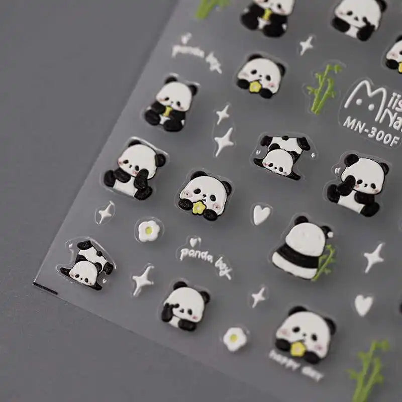 5D Soft-Relief Panda Nagelkunst-Aufkleber, Niedliche Cartoon-Pandabären, die Bambus essen, Selbstklebende Slider, Chinesische Panda-Nageldekorationen