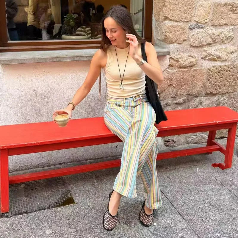 Bunte Streifen-Jeanshosen für Damen, lässige, gerade geschnittene Hosen, Damen-Hosen mit weitem Bein, Streetwear, Damen-Mode-Denim-Hose