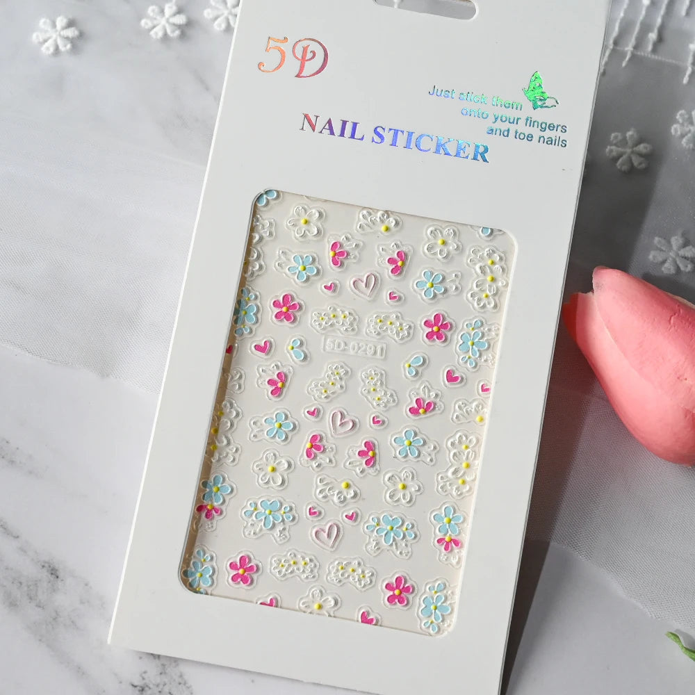 1Pc 5D Geprägte Kawaii Floral Schmetterling Nagel Aufkleber 3D Cartoon Bogen Kaninchen Erdbeere Klebe Aufkleber Urlaub Nagel Sliders