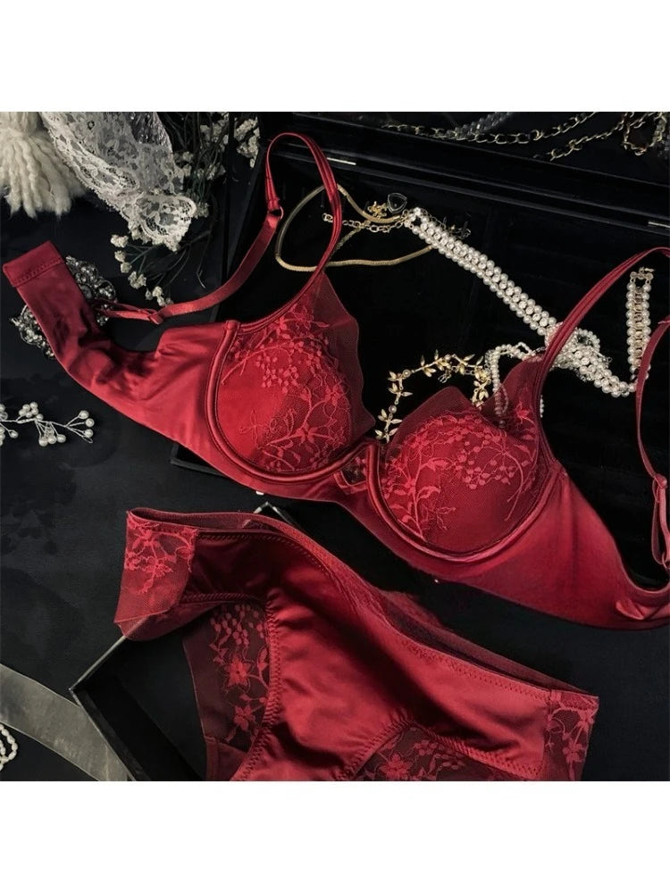 Sexy Spitzen-BH und Höschen-Set, Push-Up-Minimizer, tiefer Bügel, Demi-Cup für Damen, Partykleidung, durchsichtiges Push-Up-Minimizer-BH-Set aus Satin