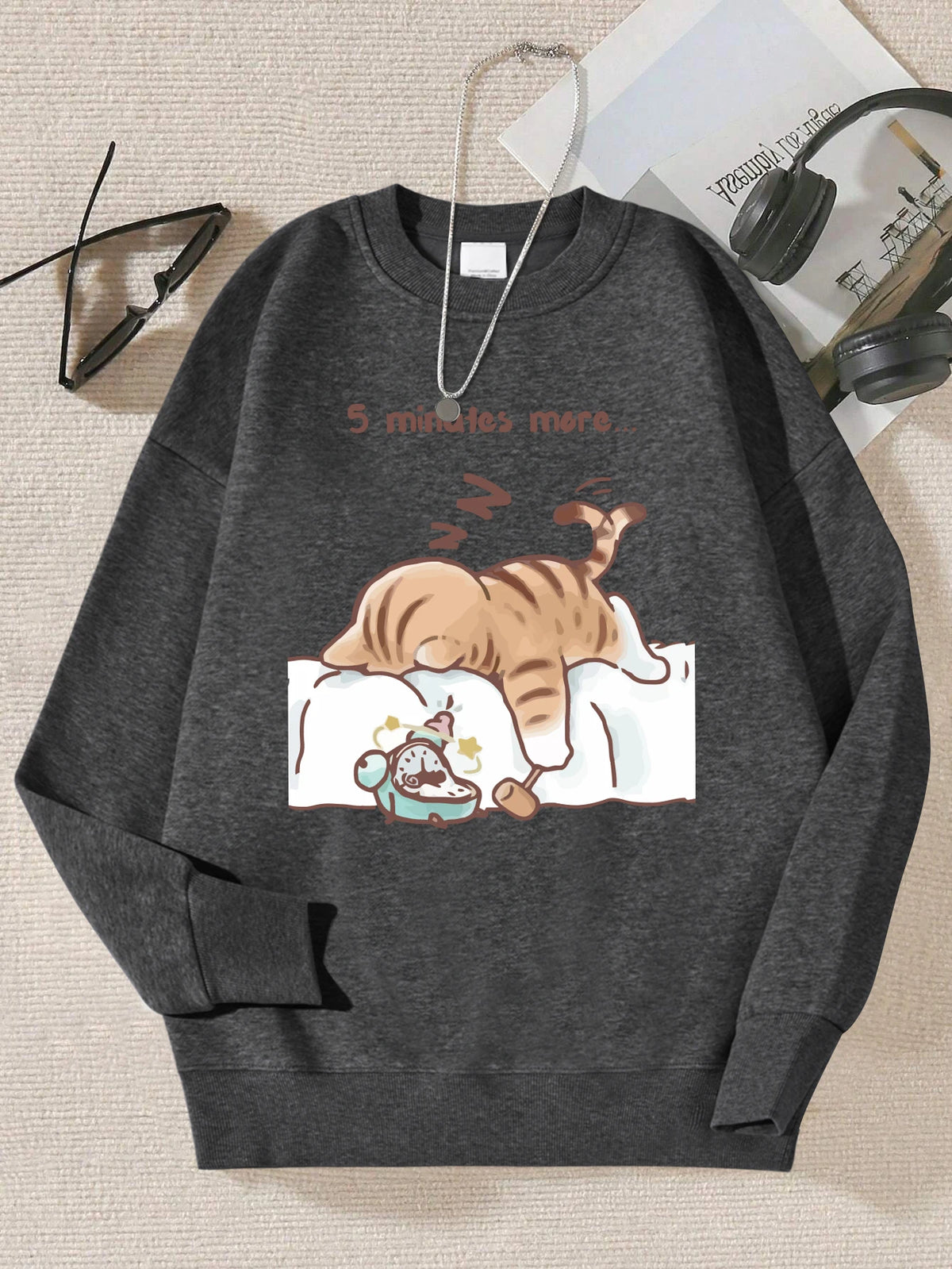 Die Katze, die immer zum Schlafen wünscht, Muster bedruckt, mit Kapuze, Damen, schlicht, warm, Herbst-Sweatshirt, Straße, lässig, Unisex-Pullover