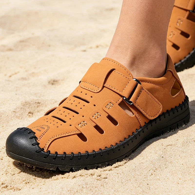 Herren Sommer-Halbschuhe aus Leder mit Lochmuster, atmungsaktiv, bequem, rutschfest, weiche Sohle, Outdoor-Freizeitschuhe - 1375