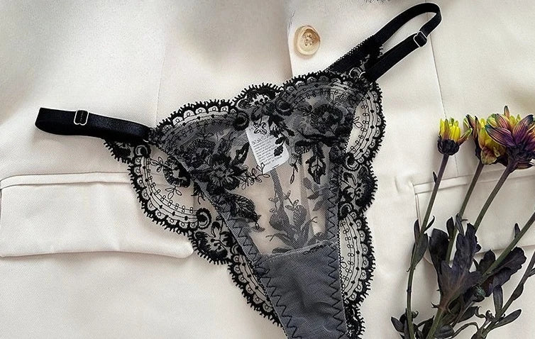 Spitzen-Stickerei-BH-Set mit ultradünnen Cups, transparente Mesh-Nachtwäsche für Frauen mit großer Oberweite, S-XL, Push-up, 32-38