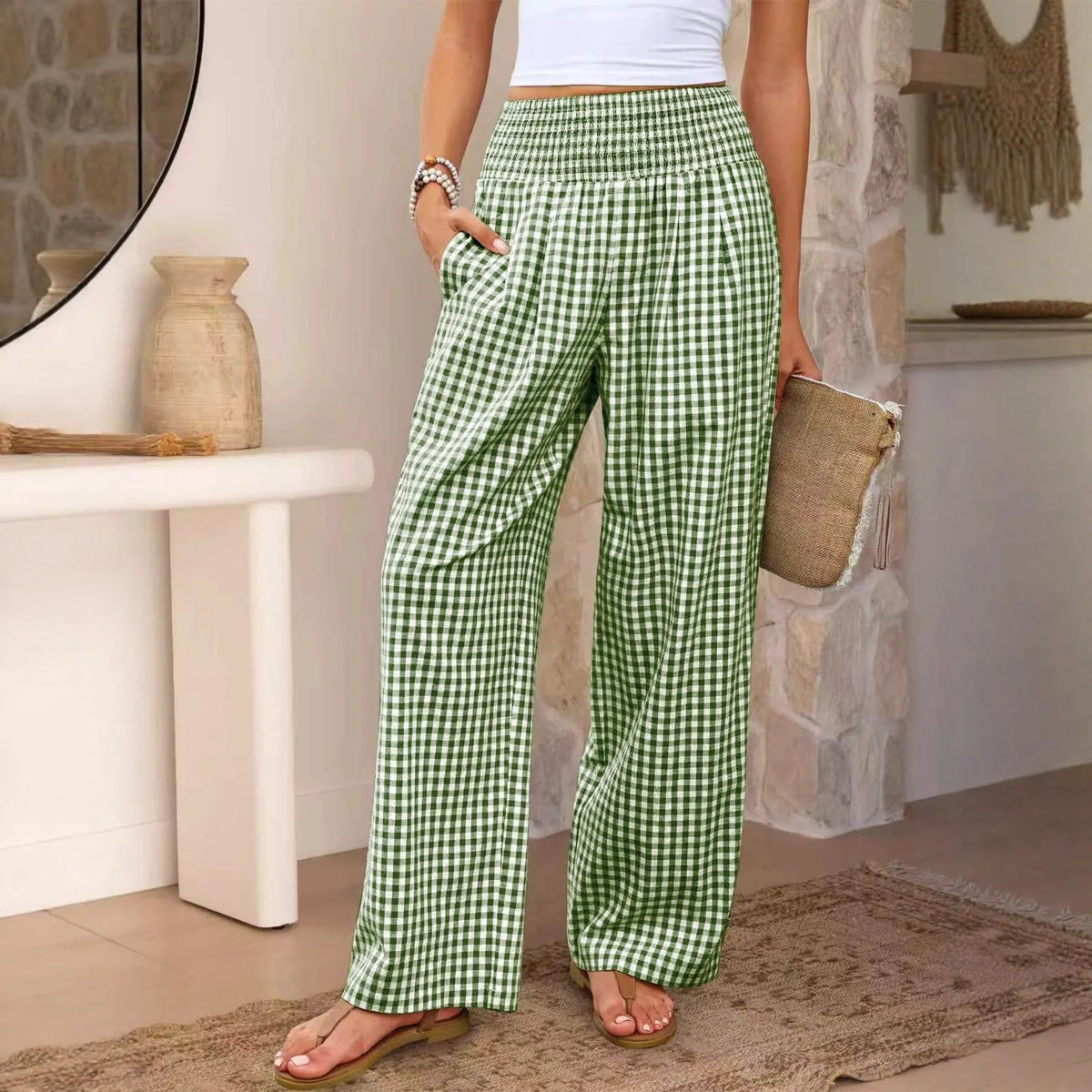 2025, Frühling und Herbst, neue Freizeithose, kariert, locker, grenzüberschreitend, Damenmode, lässig, elastische Taille, weites Bein