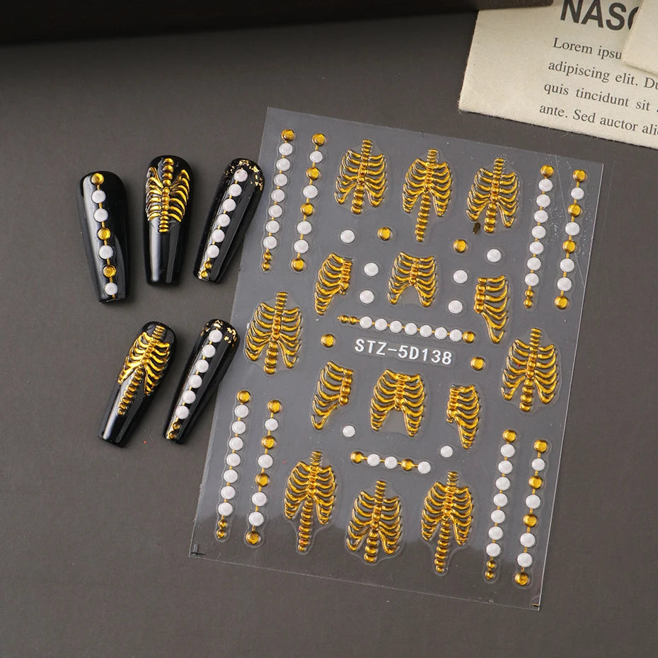 1/2 Stück 5D Skelett Rose Weiße Perle Nail Art Aufkleber Eleganter Modestil Gold Roségold Farben DIY Maniküre Dekoration Tipps