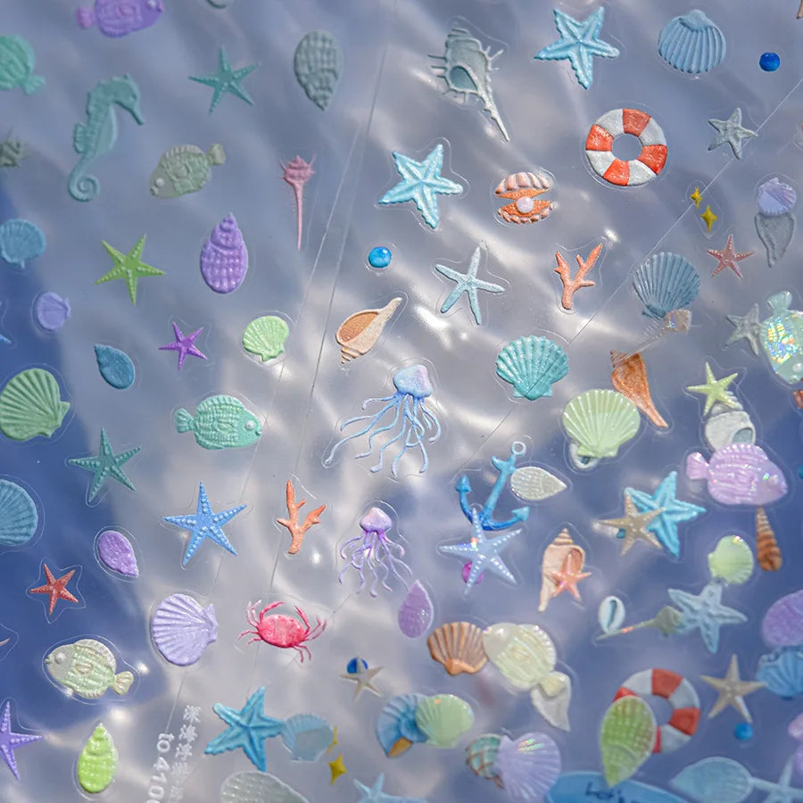 5D Sommer Muschel Nagel Aufkleber Glänzende Geprägte Seestern Nägel Aufkleber Sommer Strand Weinglas Quallen Nagel Aufkleber Dekoration