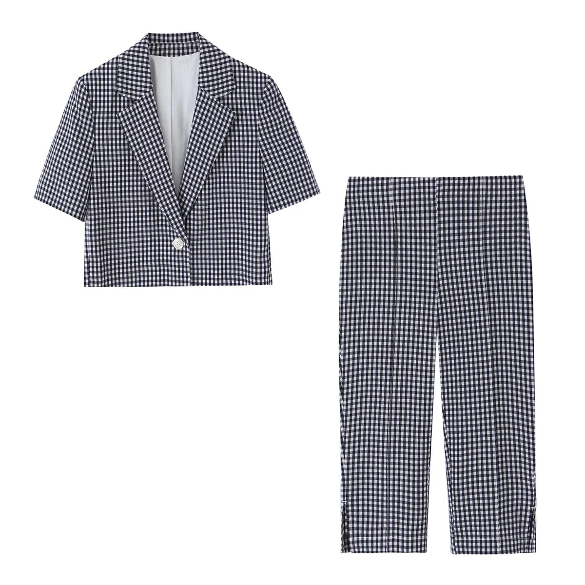 KONDALA Chic Fashion 2026 Lässiger Damen-Karo-Anzug Sommer Kurzer Blazer mit Knöpfen + Gerade Lange Hose mit Reißverschluss Elegante Damenanzüge