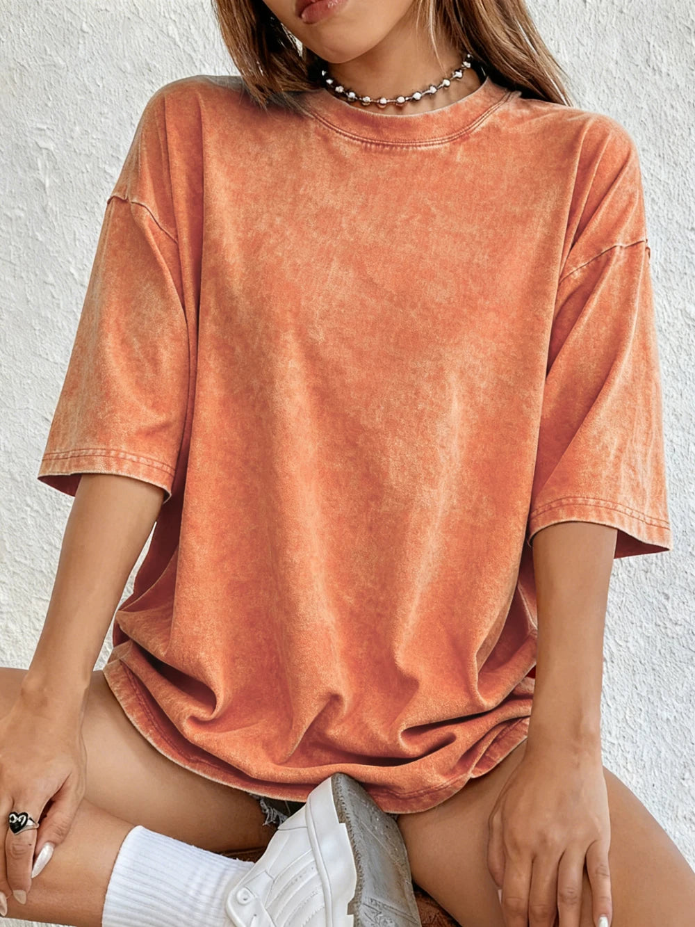 Mode Frauen Baumwolle Solide Gewaschen T-shirts Lose Oansatz T-shirts Straße Casual Komfortable Kurzarm Tops Weibliche Kleidung