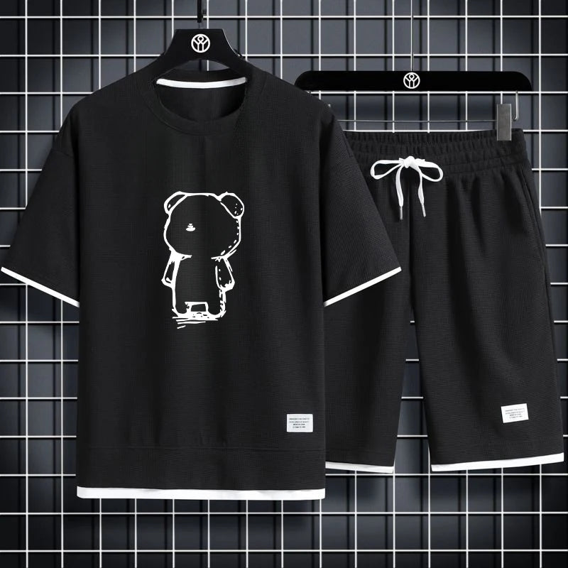 2023 sommer männer Sport Set Casual T-Shirt + Shorts Set Waffel Einfarbig Kurzhülse Shorts Zwei Sets trainingsanzug Lose Anzüge