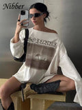Nibber lässig lose Pullover T-Shirt Frauen Herbst Trend Schräg kragen voller Ärmel Grafiken drucken lässigen Komfort wilde tägliche T-Shirts