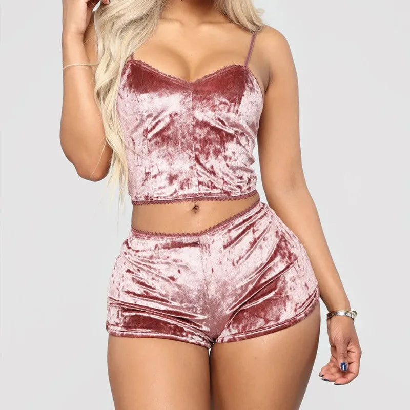 Pyjamas Set Frauen Sexy Rosa Rot Seide Satin Samt Pijamas Schlaf Tragen Robe Nachtwäsche Sexy Dessous Pj Sets Nachtwäsche