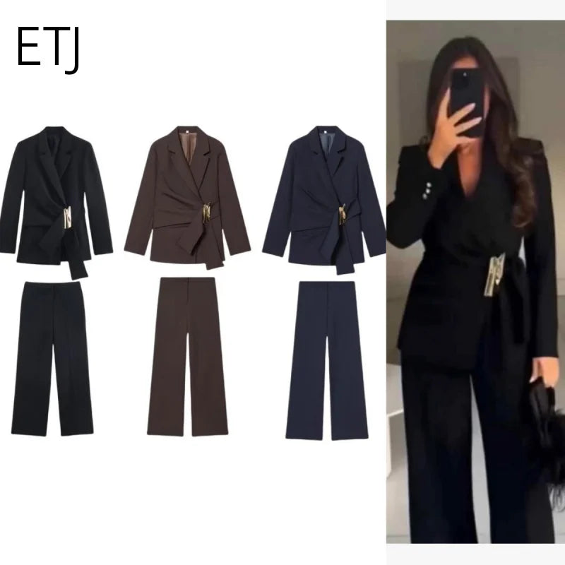 ETJ 2025 Damen Herbst und Winter neues elegantes Mode-Revers mit Schulterpolster, geknöpfter Jacke und gerader Hose