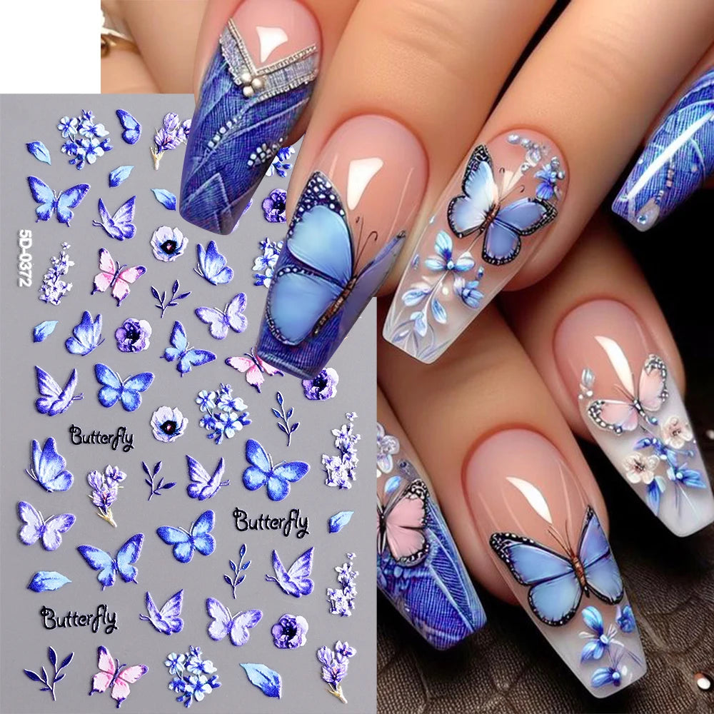 1 Stück 5D geprägte Lavendelblume Nagelaufkleber Frühling Blumenblätter selbstklebende Schieber Rose Schmetterling Aufkleber Maniküre Dekoration