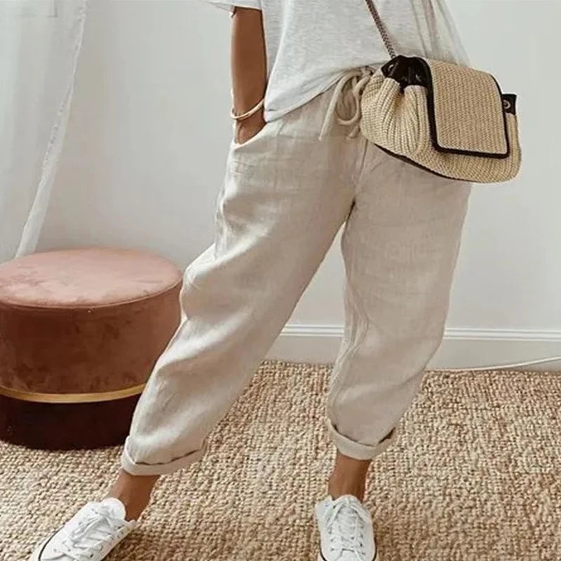 Einfarbig Kordelzug Elastische Taille Frauen Hosen Sommer Plus Größe Beiläufige Breite Bein Hosen Weibliche Lose Elegante Oversize Hosen