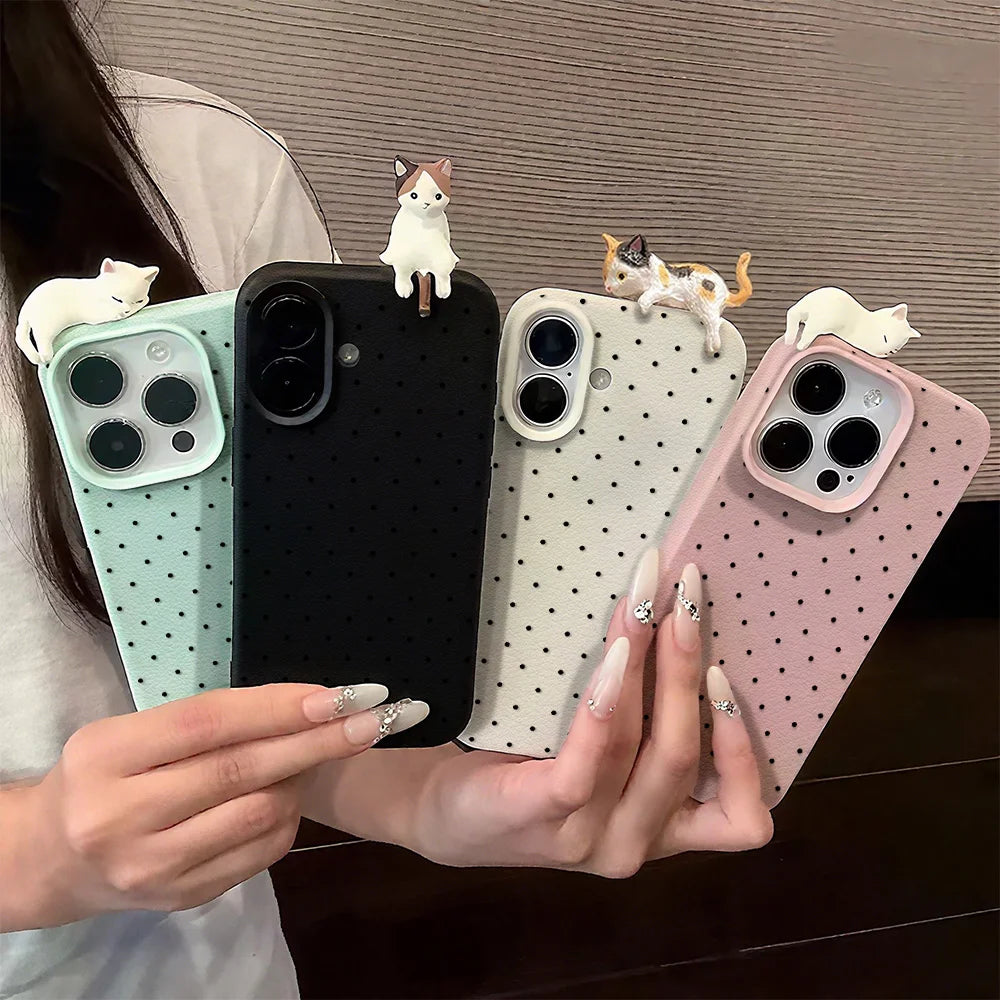 3D süße Katze Leder Dot Hülle für iPhone 17 11 15 16 12 13 14 Pro Max 16 15 Plus 17 Air iPhone 17 17 schöne stoßfeste Abdeckung Funda