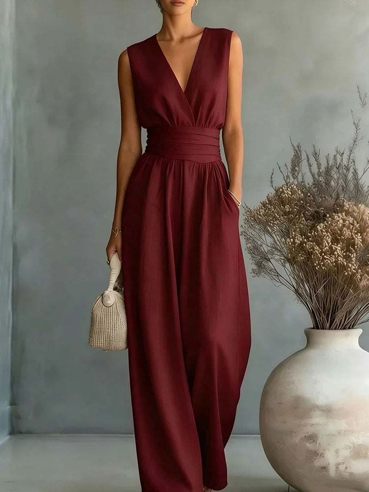 Elegante Damen-Jumpsuits mit hoher Taille, Sommer-Kurzarm-Overalls mit weitem Bein, lässige V-Ausschnitt-Jumpsuits in Unifarben, lockere Streetwear