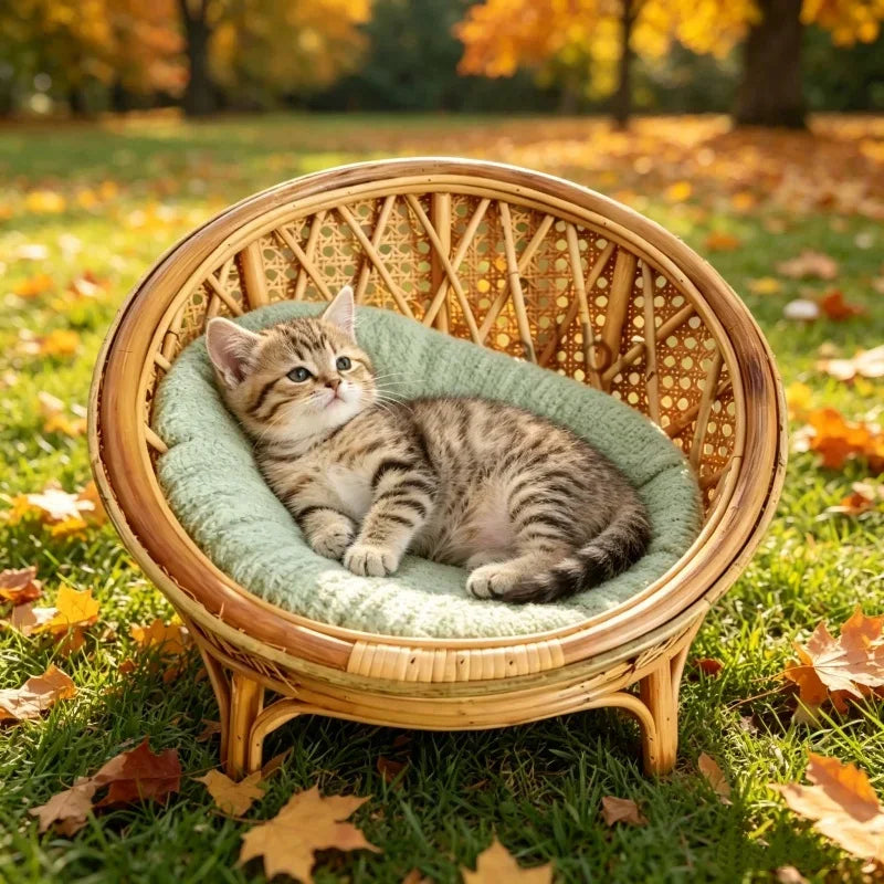 Natürliches Rattan-Katzenbett, handgewebter Katzen-Fotografie-Requisit, atmungsaktiver Weiden-Katzenkorb, erhöhtes rundes Katzennest für Hauskatzen